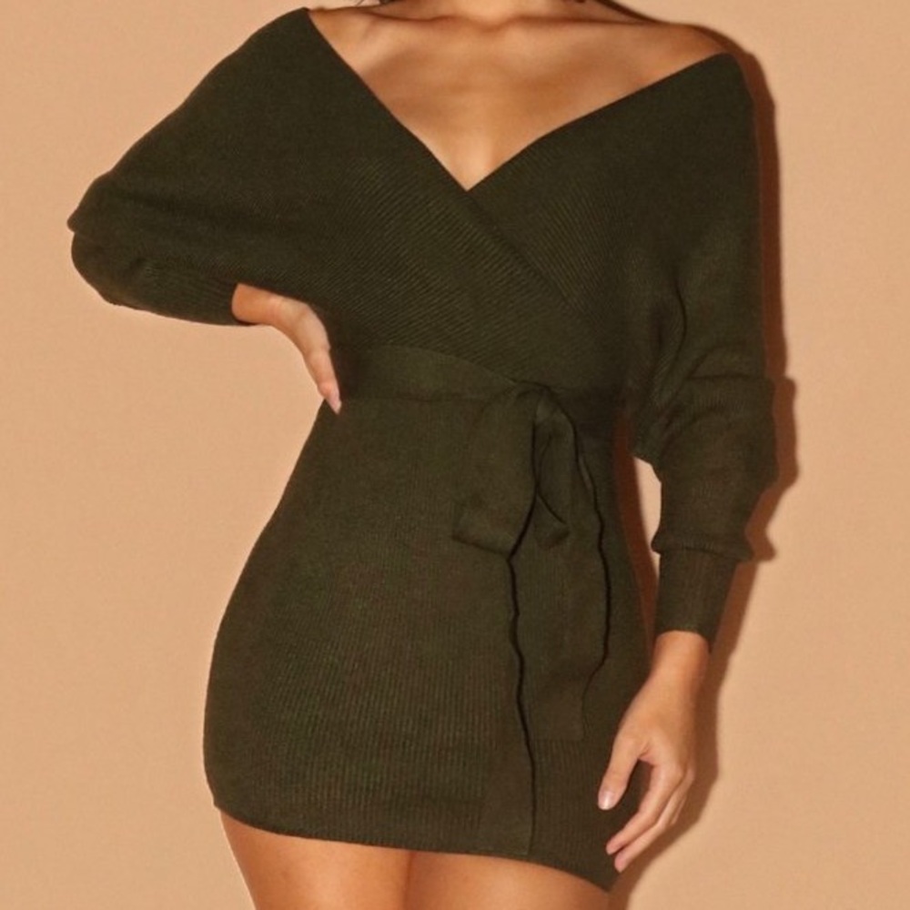 Olive green off the shoulder sweater dress